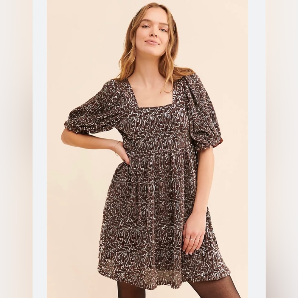 Anthropologie Moon River Women’s Sequin Babydoll Mini Dress Brown Silver Sz S